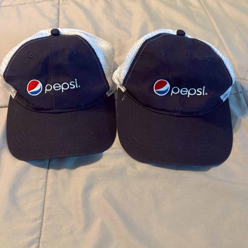 2 PEPSI Soda Mesh-Back Adjustable Snaps Embroidered Trucker Cap Hat Blue PAIR